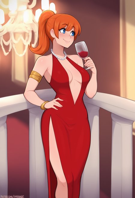 (afrobull:0.6), masterpiece, best quality, <break> solo, 1girl, m3chanic, smile, looking away, standing, holding cup, wine glass, hand on own hip, long hair, orange hair, ponytail, blue eyes, long dress, red dress, sleeveless dress, center opening, side slit, pearl necklace, armlet, bracelet, bare shoulders, cleavage, medium breasts, indoors, column, balcony, chandelier
<segment:yolo-Anzhc Face seg 640 v2 y8n.pt,0.4,0.5//cid=1>