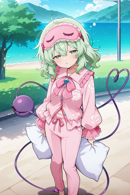 absurdres, highres, masterpiece, best quality, amazing quality, official anime artwork, screencap, anime screencap, outdoors, looking at viewer, dynamic pose, standing,
 <lora:Komeiji-Koishi_IllustriousV2:1> komeiji koishi, 1girl, solo, green eyes, green hair, medium hair, third eye, heart of string,, komeiji koishi \(the wandering rose\), alternate costume, messy hair, sleep mask, pink bow, pink pajamas, pink shirt, frilled shirt collar, long sleeves, frilled sleeves, rose print, pink pants, barefoot, holding pillow, sleeping, yawn,