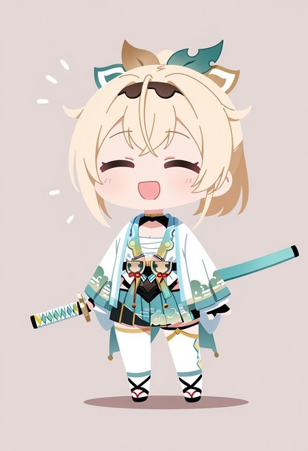 1girl, kazama iroha, deformed, holds a katana, happy face, masterpiece, best quality, amazing quality, no lineart, flat color, cartoon, sideshot,