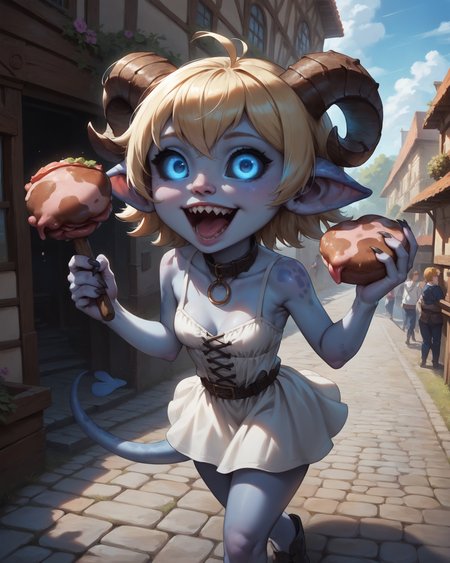 score_9, score_8_up, score_7_up, medieval road, cobblestone, town market, fantasy setting, natural light interplay on hair, hair gloss, detailed background, subsurface scatter, day, god rays, people walking by, focus face, portrait, closeup, from above
<break>
Shortstack skinny female forest spirit, monster girl, curled horns, claws, (tail), semi-realistic, solo, (small breasts:1.2), face close-up+, (((mottled) grey and blue skin)), petite+, detailed hands, cute, (short girl:1.2), young, beautiful, thick thighs, white sundress, beautiful, sharp teeth, (black sclera), (glowing eyes), blue eyes, collar, short hair, blonde hair, ((delight, wonder, awe)), ((mouth open)), happy, Holding meat with both hands, joy, looking up at viewer,