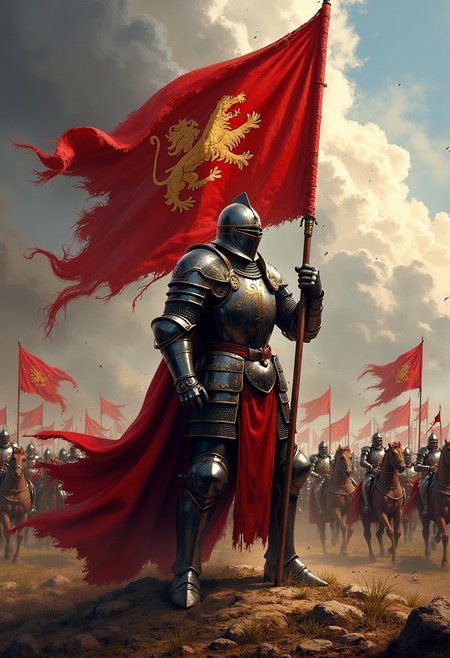 Image is a digital painting depicting a medieval knight in full armor, standing prominently in the foreground. The knight is clad in intricately detailed, dark metallic armor with gold accents, exuding a sense of strength and valor. He holds a large, tattered red flag adorned with a golden emblem, possibly a lion, which flutters dramatically in the wind. The background is filled with a chaotic battlefield scene, with other knights and flags visible, suggesting a large-scale conflict. The sky is a tumultuous mix of clouds and smoke, adding to the intense atmosphere. The overall color palette is dominated by earthy tones, reds, and golds, enhancing the epic and historical feel of the artwork. The composition is dynamic, with a sense of movement and energy, capturing the essence of a fierce battle scene.