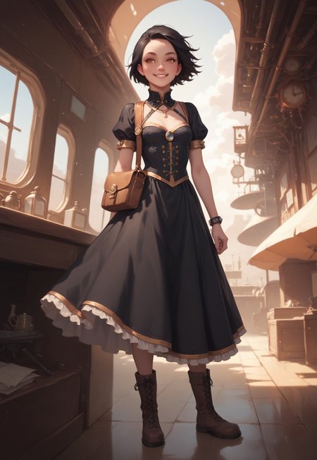 safe_pos, score_9, score_8_up, score_8_up, 1800's era fashion and technology, concept art, illustration. Steampunk, industrial revolution, 
1girl, age in mid20s, crooked smile, parted lips, (black hair), short hair, freckles, hazel eyes, (small breasts;1.3), long full-length black bowsette dress with orange trim, brown messenger bag. Wearing riding boots, she is looking out a porthole window, standing inside a passenger compartment aboard a dirigible airship, high res image, masterpiece, detailed background, perfection style