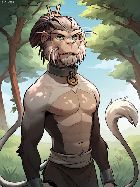 <lora:XingyunHouPony1.0:0.8> xingyun hou, 1boy, hair stick, grey fur, beard, furry male, tail, white hair, blue eyes,upper body,  monkey ears, collar, sash,outdoors,standing,,  outdoors, tree,  looking at viewer, score_9, score_8_up, score_7_up, score_6_up, score_5_up, score_4_up  zPDXL