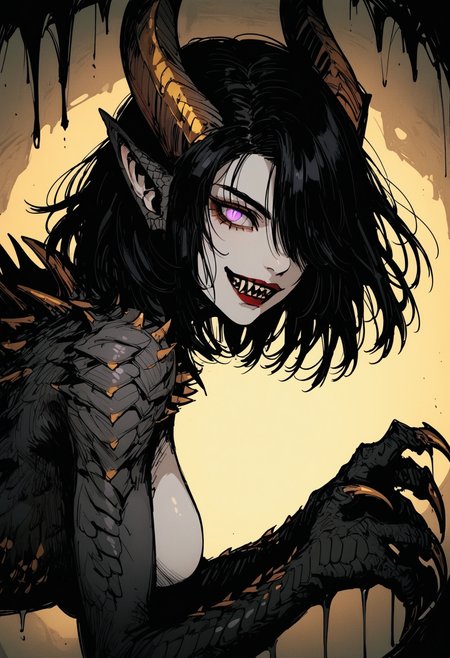 score_9, score_8_up, score_7_up, warm lighting, dark shadows, close up, from side, 
1girl, black hair, pale skin, purple eyes, hair over one eye, medium hair, medium breasts, red lipstick,
1 monster, golden horns, claws, scales, claws, black tongue, monster girl, sharp teeth, tail, glowing eyes, golden scales,
glossy body, liquid gold, dripping gold, leaning forward, glossy hair, heavy breathing, close up, golden cave background, pose,
<lora:Black_souls_style:0.8>, <lora:GTHAN:0.8>, <lora:Expressive_H:0.3>,