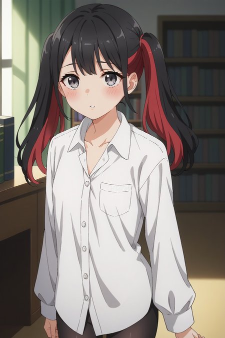 score_9, score_8_up, score_7_up, source_anime, 1girl, prefect lighting, very aesthetic, intricate details, highly detailed background, masterpiece, high quality, prefect hands, best quality, solo,
<lora:Nowa_Dress_up_Darling_V1:.85>, KJOnowa, black hair, multicolored hair, grey eyes, bangs, twintails, 
bedroom, bookshelf, wardrobe, desk, carpet, standing, shy, blush, parted lips,
white shirt, oversized shirt, dress shirt, sleeves past wrists, black pantyhose, no pants,
(Beautiful, small Breasts:1.2), natural breasts,