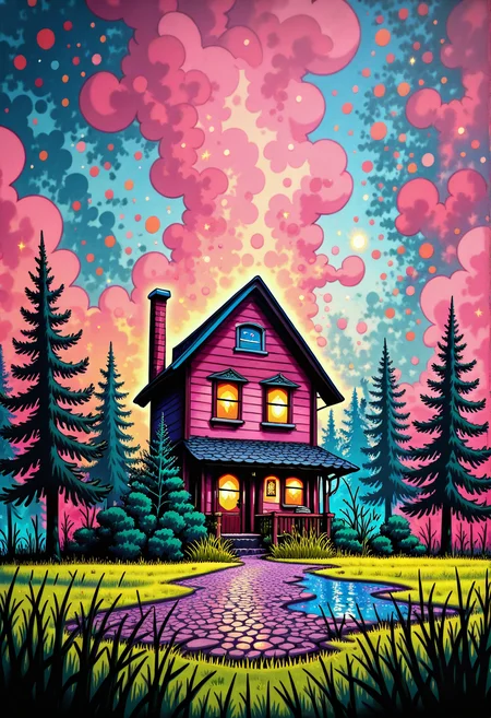 kftgraffiti, masterpiece, best quality, very aesthetic, newest, 2024,  scenery, house, trees, grass, abstract background,