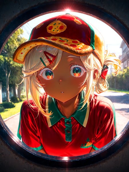 <lora:PizzaCR2XL:1>, PCo_CR, 1girl, dark skin, red two-tone collared shirt, medium hair, pizza hat, hairclip, short sleeves, polo shirt, folded ponytail, two-tone eyes, pov peephole, outdoors, 
siiqa vivi, shuri (84k) <lora:spo_sdxl_10ep_4k-data_lora_webui:0.5><lora:cfg_scale_boost:0.9> bored, dark-skinned female, face, eye focus, white eyelashes, day
masterpiece, best quality, amazing quality, very aesthetic, absurdres, newest, soft lighting, lazypos, sunlight,