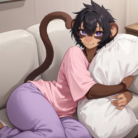 masterpiece, best quality, newest, absurdres, highres, furry, perfect anatomy, MewMewM,1girl,solo,furry,furry female,short hair,black hair,hair between eye,animal ears,purple eyes,necklace,body fur, brown fur,monkey tail, pink shirt, oversized shirt, pajama pants, living room, couch, hugging pillow, arms around pillow, legs crossed, looking at viewer, happy, smiling, wide eyes,