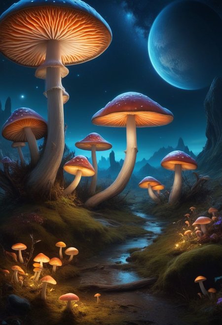 Professional night landscape with (fluorescent mushrooms:1.3) everywhere, best quality, masterpiece, 4k, 8k, realistic, professional photo, award winning, golden ratio, vivid colors, detailed, high details, attention to details, High Fantasy Realms, fantasy, beautiful, best colors, high contrast, (planets on sky:1.2)