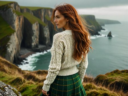 (back facing viewer:2), (rule of thirds, analog photograph, hyperrealistic, masterpiece, 8K, soft cinematic lighting, cold|dreary atmosphere, windy:1.75), (tall woman, very long messy hair, overlooking the cliffs of Moore, (tight) white knitted aran sweater, short plaid green skirt:1.5), pale skin, redhead, skinny <lora:RMSDXL_Enhance:1.5>  <lora:RMSDXL_Creative:0.75>