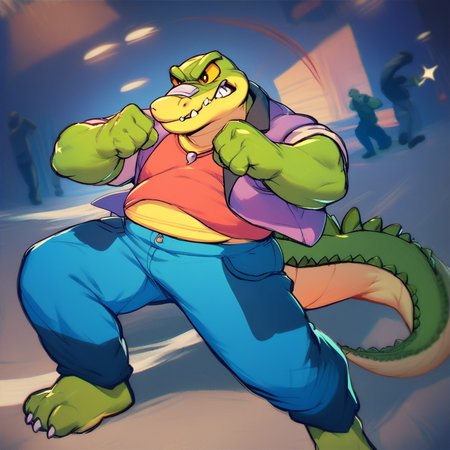 score_9, score_8_up, score_7_up, score_6_up, score_5_up, score_4_up, brok, alligator, green skin, yellow scaly belly, chubby, bandage, shirt, jeans, vest, purple vest, fighting, night setting, street background, fighting stance