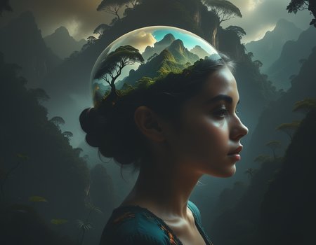 Dreamscape 
 <lora:bubble_watercolours_LCM:0.8>Dubrec styleï¼Girl head portraitï¼Jungle mountains image foregroundï¼ï¼multiple exposureï¼1.8ï¼ï¼Complex illustrations in surrealist art styleï¼Surreal dreams
 . Surreal, ethereal, dreamy, mysterious, fantasy, highly detailed