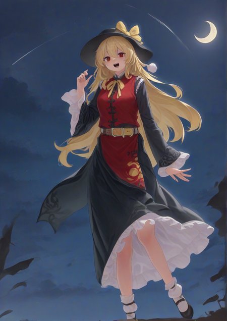1girl, junko (touhou), by kodoto, belt, black dress, black headwear, black sleeves, blonde hair, bow, brown belt, chinese clothes, crescent, dark persona, dress, hair between eyes, hand up, hat, long hair, long sleeves, looking at viewer, moon, neck ribbon, night, night sky, open mouth, pom pom (clothes), red eyes, red vest, ribbon, sky, solo, vest, wide sleeves, yellow bow, yellow ribbon, zPDXL3  <lora:monster_frog:1>