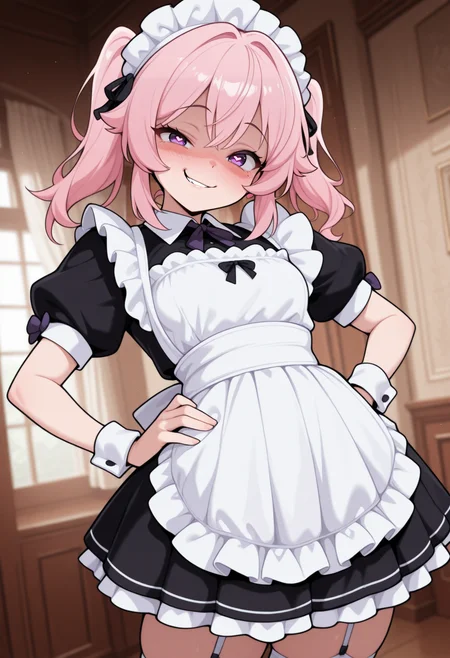 masterpiece, best quality, amazing quality,
1girl, CivChan, purple eyes, pink hair, maid uniform, heart-shaped pupils, hand on hip, smirk, blush, looking at viewer,   <lora:CivChan:1>, cowboy shot,  <lora:necrodancerStyle_illustrious_byJaneB:1> necrodancerstyle