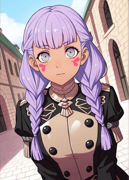 masterpiece, best quality, amazing quality, very aesthetic, absurdres, newest, detailed background, cowboy shot, outdoors, dynamic angle,
fireemblemxd, 1girl, garreg mach monastery uniform, solo, braid, brown eyes, facial mark, long hair, purple hair, upper body, uniform, dark skin, closed mouth, dark-skinned female, breasts
looking at viewer, dynamic pose, 
 <lora:Fire_Emblem_Style:1>