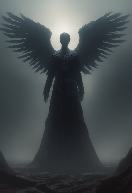 A sorrowful angel with bloodstained wings, standing in a desolate landscape, with a stormy sky above and red tears streaming down its face. CINE