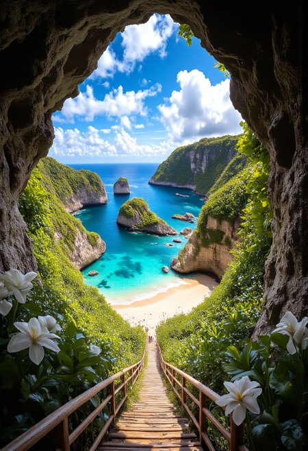 This is a high quality fine art photograph. We are at the exit of a huge cavity in the rock on a long and old wooden staircase lined with plants and big white flowers typical of the jungle, which descends winding along the cliff towards the beach, made of old boards worn by time, typical of an isolated but paradisiacal island, facing the ocean that meets the horizon. On the side, the beach is partially covered by a huge cavity dug by the ocean in a huge cliff bordering the beach and plunging into the ocean. The sky is blue with a few clouds. The turquoise waters sparkle slightly under the bright light of the setting sun. The surface of the water is calm, allowing us to see the sandy bottom through the extremely clear water. The sea extends to the horizon, its vast expanse brushing the sky. In the distance, we can see huge rock formations emerging from the water, like deformed chess pieces covered with dense and vibrant vegetation. They are scattered and lost in the middle of the ocean, creating a breathtaking and unique landscape. A warm glow permeates the entire scene, creating a stunning play of light and shadow. The colors are vibrant and the atmosphere is serene, with lush greenery surrounding the beach and adding to the picturesque beauty of the moment. The beach is partially covered by a cliff that overlooks the ocean, adding a touch of drama to this idyllic setting. It creates a truly breathtaking and picturesque moment.