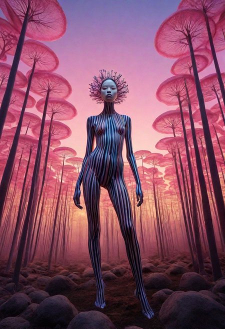 A surrealistic fusion of Reuben Wu's ethereal landscapes with Nick Knight's hyper-realistic models. A Synthetic forest of barcode trees, where creatures with Taro Okamoto's biomechanical limbs frolic and play. The sun sets in vibrant, electric hues, casting long, synthetic shadows that distort the Sharp Focus images of the models. In the distance, a satellite hovers, projecting old school designs onto the landscape, OverallDetail