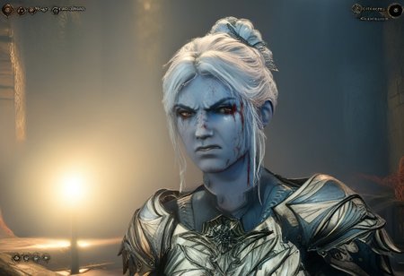 VG_SS, fake screenshot, english text,
(High Resolution), (More Details), (8K), (High Resolution)
Fake video game interface. 
Scrolled beat'em up.
1 girl, 
mintharalora, blue skin, white hair with bun, body armor, leg armor, 
perfection style, 
(Faceshot_By_stable_yogi-v2)
 full body, zoomed out,exactly facing right  clenched fists,  ready for fist-fight. 
BREAK
and 2+ boys, bandit, cloak, leather armor, hulking body, horns, facing left , ready for fist-fight.
backdrop is a bloody arena, strong artificial lighting
