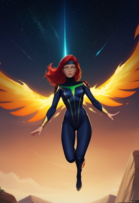 score_9, score_8_up, score_7_up, score_6_up, 1girl, solo, medium breasts, serious face, fiery eyes, no pupils, fiery wings,
space, outdoors, mid air, flying, floating,
<lora:Krys_Decker_-_Artist_style_Newer__characters:0.8> ss-krd_new,   <lora:Jean_Grey:0.7> jean grey, red hair, long hair, green eyes, headband, bodysuit, bracelets,