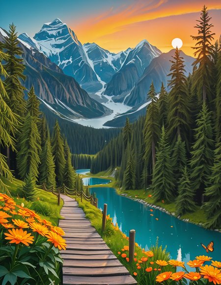 A breathtaking, high-resolution photograph of the most beautiful place on Earth, where natureâs wonders blend in perfect harmony. Towering, snow-capped mountains rise majestically in the background, their peaks glowing under the golden hues of a setting sun. Below, a crystal-clear turquoise lake reflects the colors of the sky, surrounded by lush, green forests filled with ancient trees, vibrant wildflowers, and cascading waterfalls. A soft mist rises from the valley, adding a dreamlike quality to the scene. In the distance, rolling meadows stretch toward the horizon, dotted with colorful flowers and serene wildlifeâgraceful deer grazing, birds soaring in the sky, and butterflies dancing in the breeze. A wooden footpath winds through the landscape, leading to a secluded, tranquil spot where the beauty of nature can be fully admired. The air is crisp and filled with the soothing sounds of rustling leaves, flowing water, and distant birdsong. The sky above is a masterpiece of colorsâdeep oranges, purples, and pinks blending seamlessly as the sun sets, casting a magical glow over this untouched paradise. The atmosphere is peaceful, awe-inspiring, and filled with a deep sense of wonder and tranquility, as if stepping into a perfect dream.
<lora:SDXLFaeTastic2400:0.4> <lora:extremely_detailed:0.4> extremely detailed,Earth P4r4d1s3, <lora:Earth_P4r4d1s3-i:1>, Masterpiece,best quality,hi res,8k,hi res,8k,award winning,(sharp focus, intricate, highly detailed),
