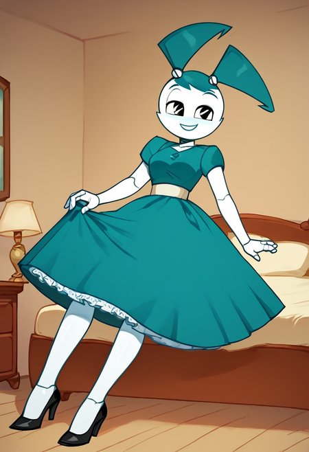 (Masterpiece, best quality:1.2), score_9, score_8_up, flat color, flat shading, soft shading, lighting, Jenny Wakeman as an adult, in a 1950's full length formal blue skirt, a white belt, button down v-neck formal black top, a fluffy frilly ruffled full white petticoat, and black high heels, dress, layered petticoat, frilly petticoat, fluffy petticoat, full petticoat, detailed petticoat ((wide skirt, detailed outfit, flowing skirt, long skirt, solid blue colored skirt, black high heels)), blue hair, series accurate, cute, best high quality, high res, robot, humanoid robot, medium breasts, whole body shot, 1girl, ((solo, inside, in a romantic bedroom, sitting on the bed, sitting, bent knees, looking at you, low angle)), cute, seductive, seductive smile, half lidded eyes, low angle shot, cartoon, cartoon style, vector, solo, circle dress, 1950s, whisperfoot_style, dance dress jenny, jenny wakeman, 1girl, solo, robot joints, black eyes, white skin, ponytail, hair bow, blue rose chest corsage, poofy dress, blue hair, flat lighting