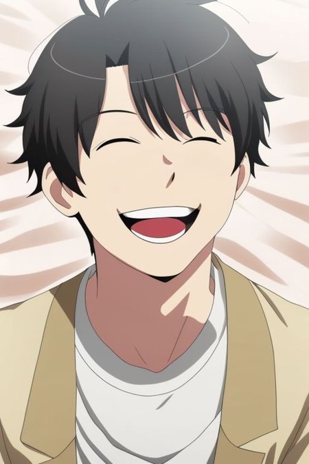 high resolution, solo, best quality, 1Boy, Inaho Kaizuka, Black Hair, laughing, tickled, OverallDetail