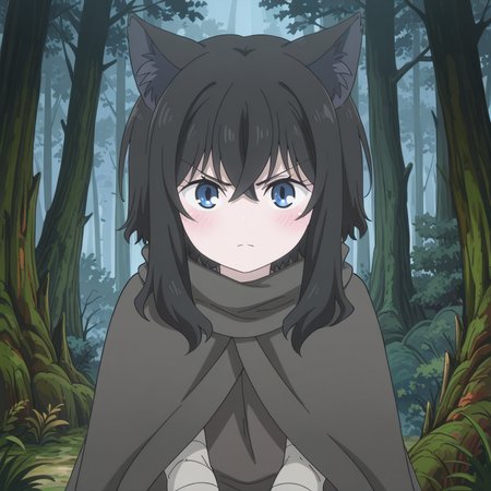 nsfw, masterpiece,best quality,amazing quality,1girl, solo, reincarnated_as_a_sword_fran, animal ears,black hair, blue eyes, cloak, animal ear fluff, cat ears, v-shaped eyebrows, bangs, looking at viewer, bandages, closed mouth, forest, blush, hair between eyes, tree, nature, outdoors,  <lora:Fran_-_Reincarnated_as_a_Sword:0.7>