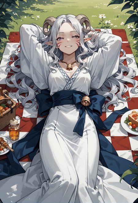 score_9, score_8_up, score_7_up, best quapoty, highres, absurdres, source_anime, 1girl, tiefling_bard_diana, red whisker_markings, silver long wavy hair, bell necklace, short pointy ears, purple eyes, robe, <lora:Test_Diana:0.6>, Lying on a picnic blanket, hands behind the head, watching clouds drift by with wonder., Haunted shipwreck with friendly ghost sailors and hidden treasures.,