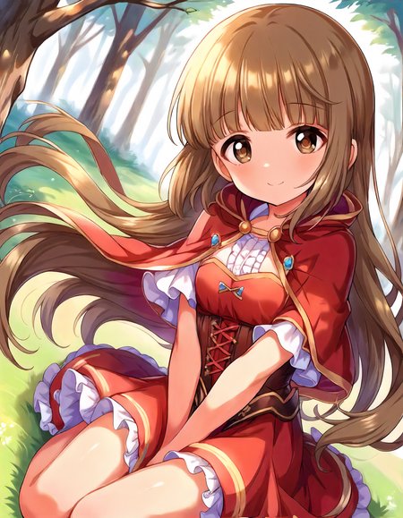 score_9, score_8_up,score_7_up,1girl,solo,looking at viewer,smile,sitting,wariza,arms between legs,forest,grass,
<lora:yoritayoshino_ponyXLV6:0.8>,cgyy,
brown hair,blunt bangs,long hair,brown eyes,small breasts,
red cape,frilled white shirt,red corset,red skirt