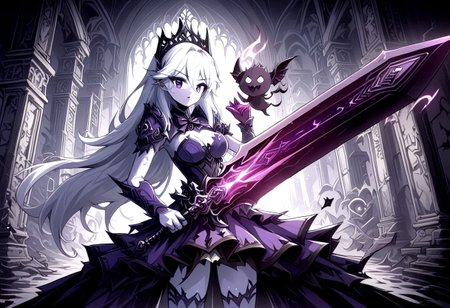 easynegative, ((negative_hand)), hunluanxiantiao style, ExpressiveH, monochrome, cowboy shot, depth of field, detailed background, score_9, score_8_up, score_7_up, BREAK, solo, masterpiece, dark aura, a 20-year-old magical girl fueled by eldritch deities, face retouch, paper white skin, long hair, white hair, medium breasts, curious expression, playful pose, mischievous imp familiar, idol dress, black and purple outfit, gothic, Wielding sword, swirling miasmic energy, whimsical gothic castle in the background