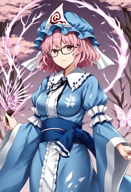 1girl, yuyuko, saigyouji_yuyuko, bespectacled, glasses, mob_cap, triangular_headpiece, blue_hat, blue_kimono, long_sleeves, wide_sleeves, frilled_kimono, 
masterpiece, best quality, very aesthetic, absurdres,