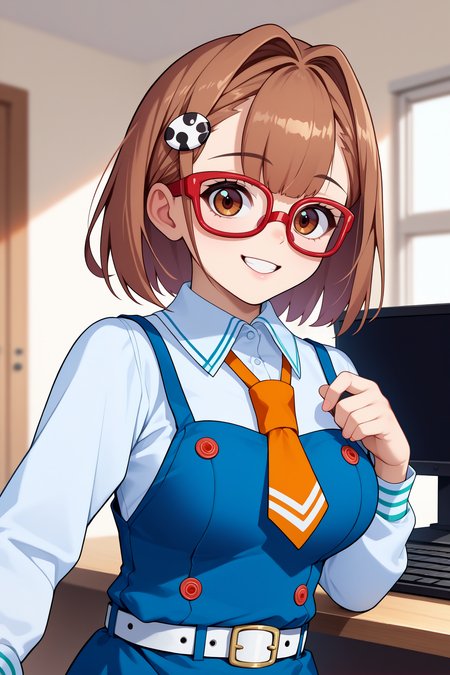 score_9, score_8_up, score_7_up, score_6_up, source_anime, 1girl, solo,  <lora:hitomichris-pdxl-nvwls-v1-000005:1> hitomichris, brown hair, short hair, brown eyes, hairclip, red glasses, white shirt, long sleeves, orange necktie, pinafore dress, blue dress, white belt, big breasts, looking at you, smile, indoors, computer, standing, upper body, happy