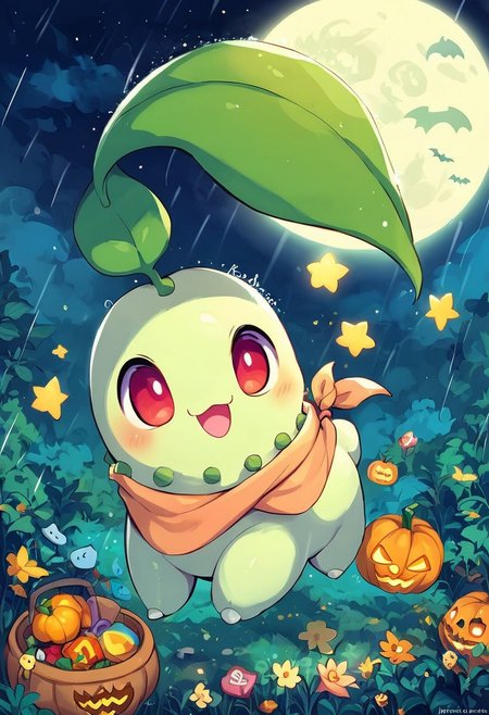 score_9, score_8_up, score_7_up, score_6_up, score_5_up, score_4_up, anime,cyberpunk, A Halloween scene featuring a cute female furry feral chibi chikorita \(pokemon)\, green skin, no fur, chikorita is standing and dressed as a witch. She wears a pointed hat, a cape, and holds a broomstick and a pumpkin basket full of candy. The background includes a spooky haunted house, bats flying in the sky, pumpkins with carved faces, and playful ghosts. There are simple trees with spider webs and a full moon in the sky, with stars scattered around. The illustration is fun, kawaii, and colorful. rain, high angle, source_furry <lora:Chikorita:1> chikorita, pokemon (creature)