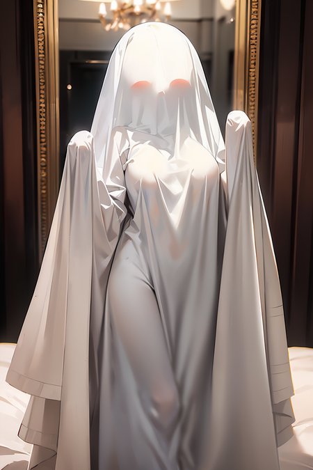 (masterpiece, best quality), 1girl,    <lora:ghost_costume_faceless:1> faceless, ghost_costume