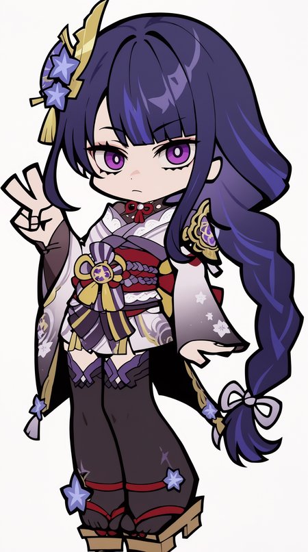 score_9, score_8_up, score_7_up,anime_source, source_anime, best background, detailed background, anime screencap,simple background, white background,    zzzemoji, 1girl, chibi, pose, v sign, long hair, braid, japanese clothes, solo, sash, purple eyes, purple hair, obi, single braid, bangs, simple background, looking at viewer, hair ornament, sidelocks, thighhighs, white background, shoulder armor, full body, wide sleeves, standing, kimono, blunt bangs, mole under eye, low ponytail, mole, long sleeves  <lora:ZZZ_Emoji_style_PONY:1>