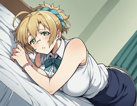 score_9, score_8_up, score_7_up, source_anime, misakisensei, <lora:misaki-sensei-ova-ponyxl-lora-nochekaiser:1>, misaki, blonde hair, large breasts, green eyes, glasses, ahoge, short hair, scrunchie, hair scrunchie,, skirt, jewelry, earrings, teacher, skirt, sleeveless, collared shirt, frilled center, frills, ribbon, white shirt,, indoors, bed, bed room, on side, blush, drunk, looking at viewer, solo, cowboy shot, dutch angle