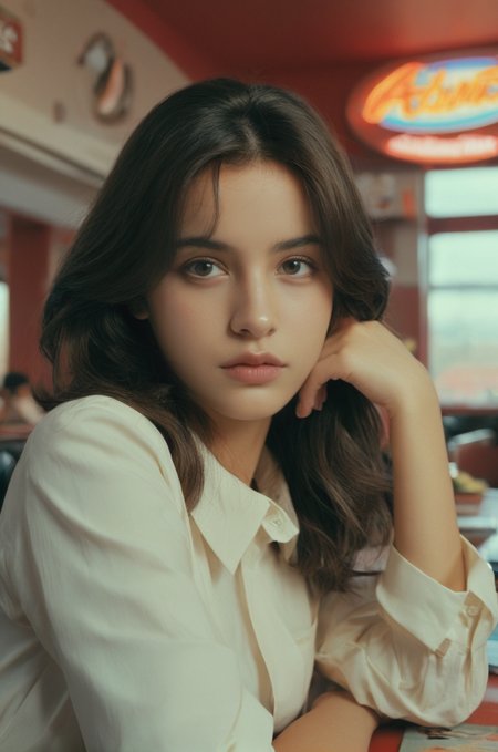 beautiful 18-year-old student girl with alluring eyes in diner, cute pose, fatima model, cinematic shot in the style of denis villeneuve, (looking at viewer), masterpiece