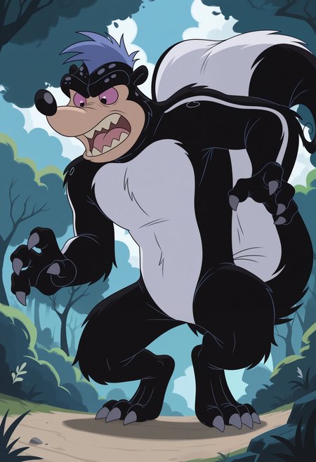 masterpiece,best quality,amazing quality, 1boy, solo, skunkJP, skunk monster, multicolored fur, purple hair, colored sclera, black eyes, full body, outside,