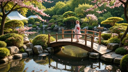 In a serene Japanese garden,a 20-year-old woman with flowing pink hair in a delicate kimono pauses on a wooden bridge,turning her head back to glance at the peaceful riverbank lined with bonsai trees and smooth rocks. Cherry blossoms frame the scene,a soft breeze stirs petals in the air. vivid natural style,gentle sunlight,
<lora:yuukananri-base-02-flux:0.8>,yuukananri,she has a slender physique and a petite build,<lora:aidmaMJ6.1v0.4:0.6>,aidmaMJ6.1,