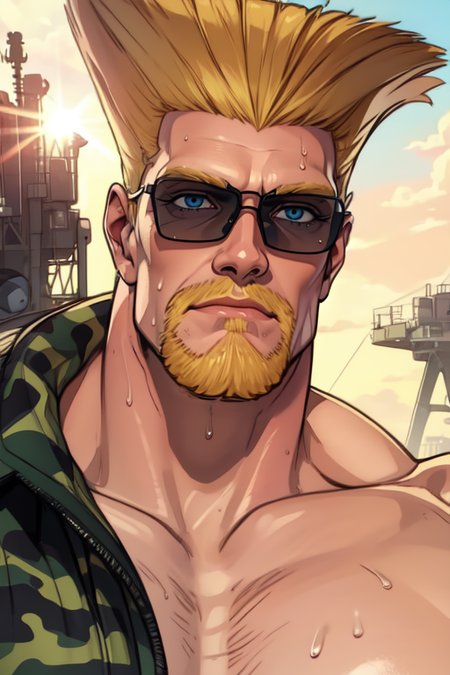 Guile, blond hair, flattop,  beard,  shoulder tattoo,  muscular, blue eyes,  looking at viewer,  sunglasses, 
camo pants,   topless male,  sweat,  
Air Force Base, morning, outdoors,  sun, 
upper body,   
(insanely detailed, beautiful detailed face,beautiful detailed eyes, masterpiece, best quality) ,smile, solo, 
 <lora:Guile-10:0.7>