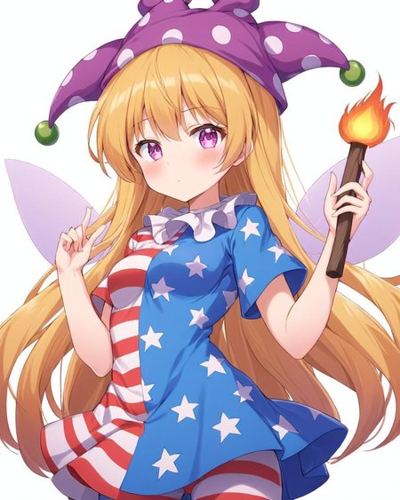 clownpiece,1girl, solo, star_\(symbol\), white_background, star_print, simple_background, short_sleeves, jester_cap, closed_mouth, fire, looking_at_viewer, polka_dot, purple_headwear, torch, blush, hand_up, multicolored_clothes, multicolored_shirt, pants, american_flag_dress, fairy_wings, striped_dress, standing, medium_breasts, neck_ruff, holding, striped_shirt
<lora:clownpiece_image6545_2023-12-20:1>,star-shaped_pupils,symbol-shaped_pupils,. gorgeous,key visual, vibrant, studio anime,award-winning, professional, highly detailed,high budget, cinemascope