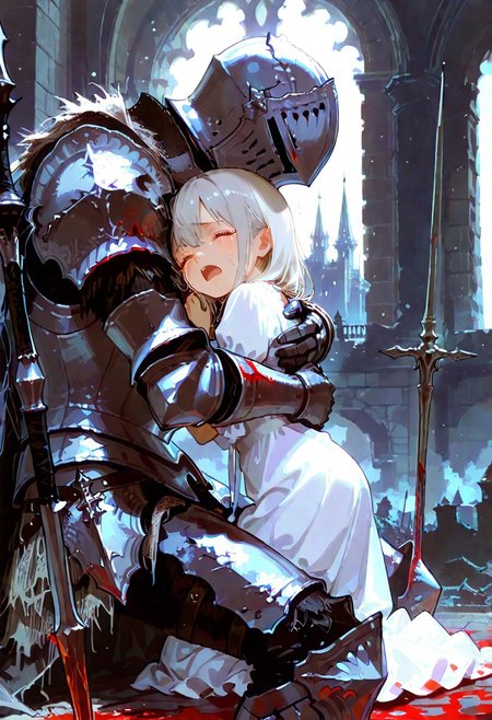masterpiece, best quality, amazing quality, flat colors, high detailed, high quality, high resolution, 4k , male , duo,  female, seize difference,  kneeling,  side view, knight, dark souls elite knight armor, white dress, a knight gives his girl a hug, crying , in castle, beautiful castle,  portrait , close-up,  child, very emotional scene, Body of the knight pierced by a spear, , blood on armor, eyes closed,  open mouth, tears
