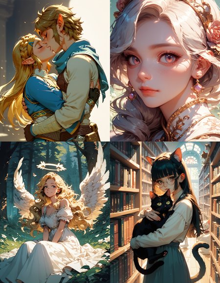 https://civitai.com/articles/5300 ___ All images: score_9, score_8_up, score_7_up ___ 1st image: 1girl, 1boy, Princess_Zelda, \(The_Legend_of_Zelda:_Breath_of_the_Wild\), standing, kiss, hug, closed_eyes ___ 2nd image: 1girl, lovely face, portrait, close-up, looking_at_viewer, closed_mouth ___ 3rd image: 1girl, solo, blonde_hair, wavy_hair, angel, angel_wings, halo, smile, sitting, forest, white_dress ___ 4th Image: 1girl, solo, long_hair, black_hair, blunt_bangs, straight_hair, round_eyewear, cat_girl, cat_ears, cat_tail, standing, hug cat, looking_at_viewer, library