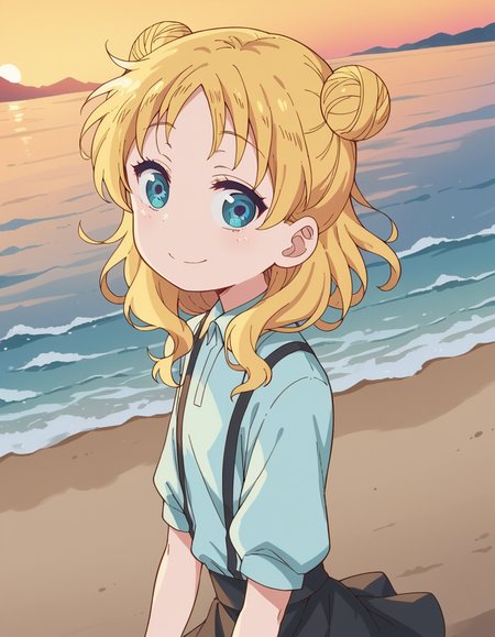 score_9, score_8_up, score_7_up, source_anime, <lora:dragon-chloe-s2-ponyxl-lora-nochekaiser:1>, chloe, blue eyes, blonde hair, hair bun, double bun, child, female child,, skirt, shirt, thighhighs, collared shirt, suspenders, blue shirt,, beach, sunset, walking along shore, footprints in sand, waves, peaceful, smile, looking at viewer, from side, solo,, dutch angle,