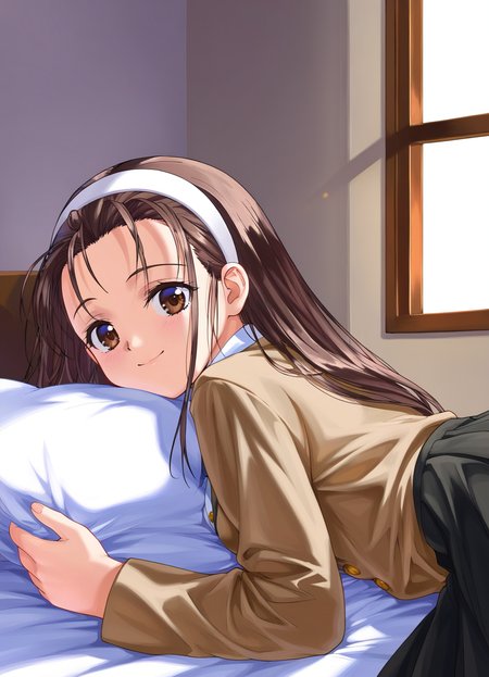 score_9, score_8_up, score_7_up, masterpiece, best quality, absurdres, official art, official style, anime screencap, megami magazine, zPDXL2, zPDXLxxx, <lora:Itsuki Haruka (Escalation -Hard Core-) Pony v1_epoch_10:0.7>, 1girl, solo focus, itsuki_haruka, large breasts, BREAK, tareme, brown eyes, BREAK, black hair, brown hair, long hair, bangs, sidelocks, forehead, BREAK, white hairband, hairband, BREAK, school uniform, blazer, brown jacket, long sleeves, buttons, BREAK, white shirt, BREAK, miniskirt, pleated skirt, black skirt, BREAK, white legwear, BREAK, loafers, BREAK, <lora:neg4all_bdsqlsz_xl_V91:1.0> <lora:ALTXL_pony_0061_8:2.0>, <lora:detailed_hands-000002:1>, hand cowboy shot, looking at viewer, smile, (open mouth:0.5), bedroom, sitting_on_bed, morning, dim lighting, light particles, (on stomach:1.2), (from behind:1.2)