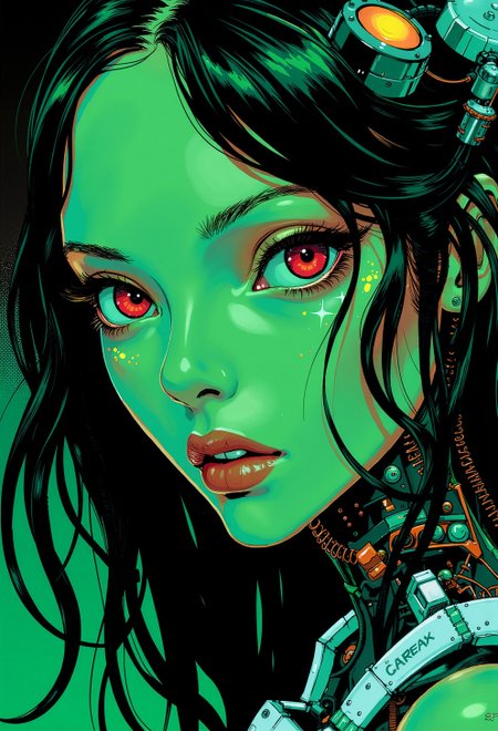 <lora:ck-Goro-Fujita:1>, digital artwork in the style of ckgf, A mesmerizing close-up portrait of an alien woman, her striking features blending extraterrestrial elegance with subtle mechanical elements. Her skin has a smooth, otherworldly texture, adorned with small, organic patterns. Her long, wavy hair cascades around her face, but in the Gameboy-style palette of green, white, and black. Mechanical elements are seamlessly integrated into her face and neck—sharp, angular pieces emerge like delicate circuitry. The chiaroscuro-inspired lighting brings deep contrast, with bold shadows enhancing her alien beauty. The background features a cyberpunk workshop, and the limited palette emphasize the alien and mechanical features, while a soft green glow outlines parts of her face and hair, creating a futuristic yet nostalgic visual reminiscent of early handheld gaming
<lora:ck-nc-pastel-cyberpunk:0.3>
<lora:Blue_Future:0.2>
<lora:ck-MetalGearSolid:0.35>