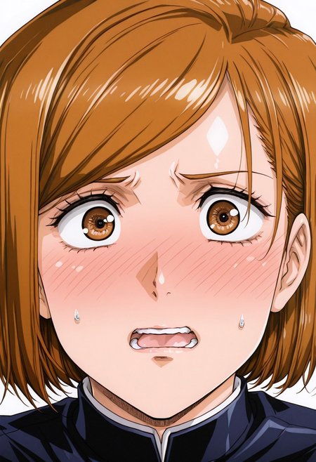masterpiece, best quality, absurdres, highres, detailed background, <lora:hyperSD8:1>, uru5h1h4r4, face focus,
 <lora:KUGISAKI_NOBARA:1>  1girl, kugisaki nobara,  embarrassed, blush, blushing, full-face blush, embarrassed, surprised,