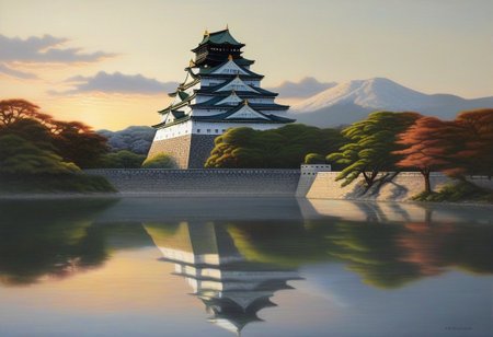 masterpiece, photorealistic,  landscape,WhiteMold Osaka Castle, rising sun
