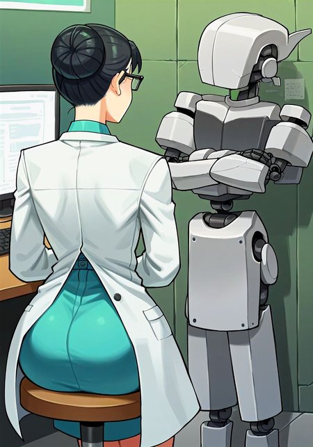 score_9,score_8_up,score_7_up,score_6_up, (science lab:1.2)
BREAK  <lora:drL1FO_PDXL:0.8> drL1fo, black hair, hair bun, brown eyes, black-framed glasses, buttoned labcoat, white gloves, teal blouse skirt, back view, sitting on stool, typing, (old computer:1.2), science lab
BREAK (humanoid robot:1.1), (standing, hunched over, unconscious:1.2)